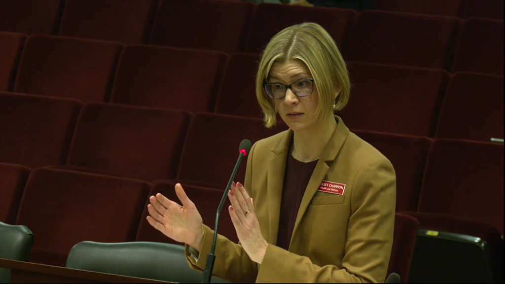 Juliet Charron, Idaho Medicaid division administrator, gives an overview of expansion Jan. 23, before Idaho House and Senate health and welfare committees.