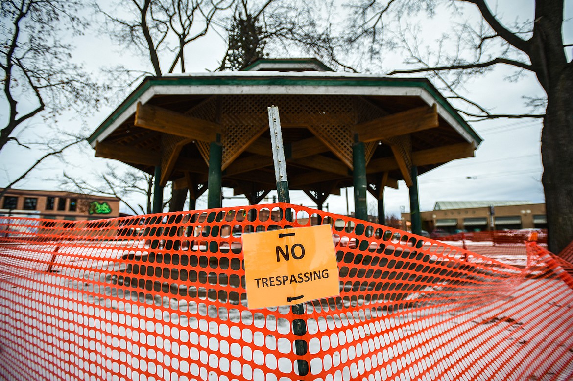 "No Trespassing" signs and orange temporary fencing around the gazebo at Depot Park in Kalispell on Tuesday, Jan. 24. (Casey Kreider/Daily Inter Lake)