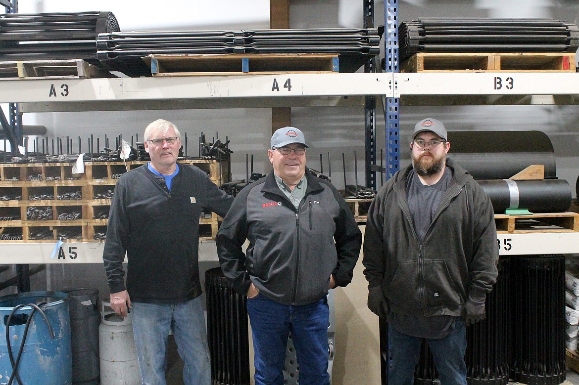 From left: Rashco Farm Supply Store Manager Mike Jenson and co-owners Tim Prickett and Scott Prickett stand in their shop in Moses Lake.