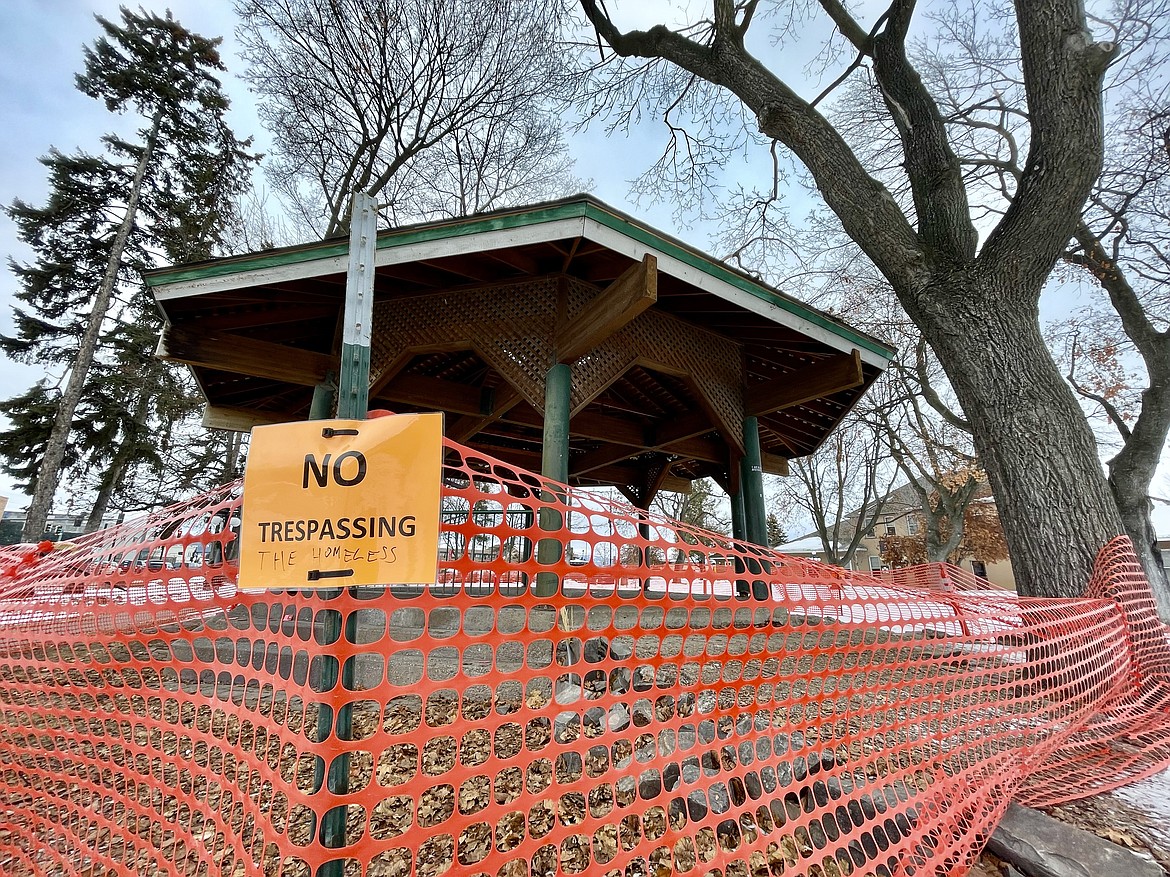 Temporary fencing surrounds the gazebo at Kalispell's Depot Park on Tuesday, Jan. 24, 2023. (Matt Baldwin/Daily Inter Lake)