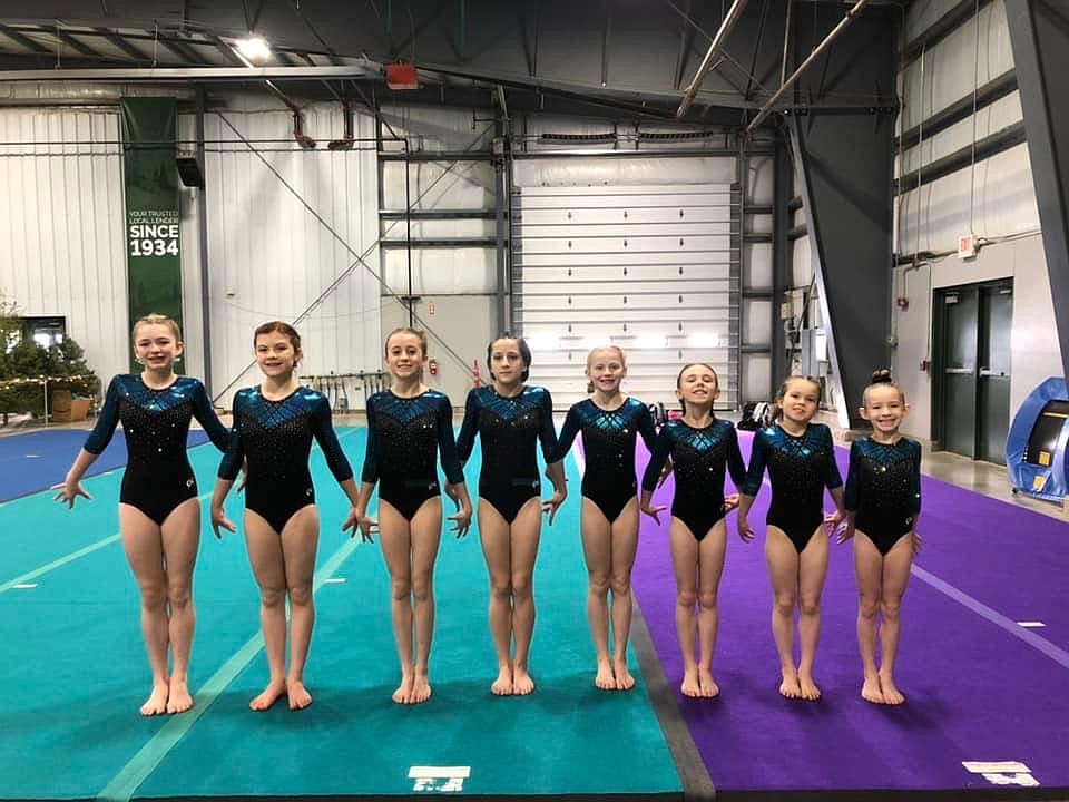 Courtesy photo
Technique Gymnastics Level 4s took 2nd Place Team at The Glacier Challenge last weekend in Kalispell, Mont. From left are Mallory Secord, Izzy McLaughlin, Chloe Bligh, Taylynn Lee, Madison Morris, Makenna Scholten, Novalee Brock and Keira Williams.