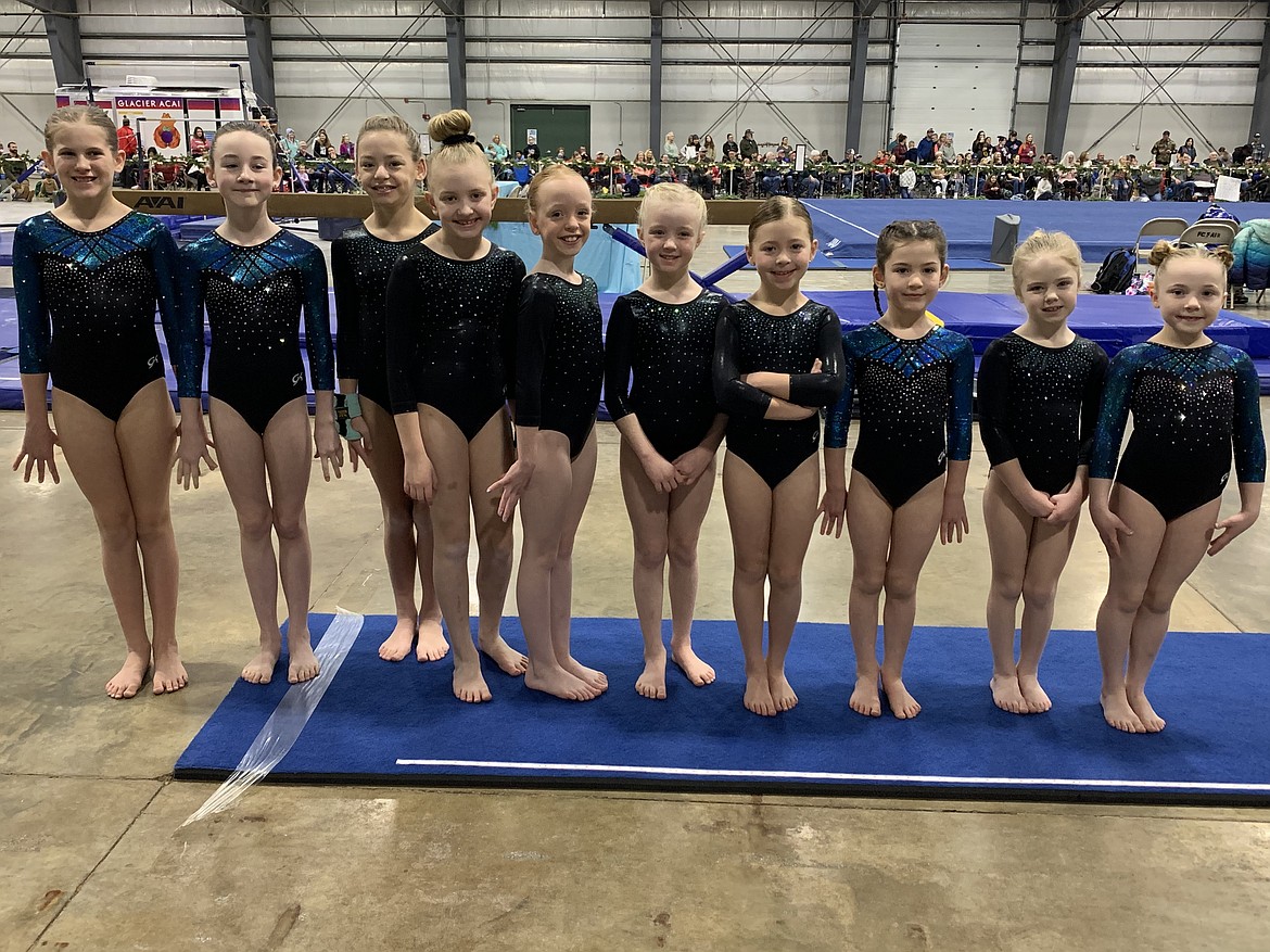 Courtesy photo
Technique Gymnastics Xcel Bronzes at The Glacier Challenge last weekend in Kalispell, Mont. From left are Sage Moyer, Lauren Happeny, Clara Stoffer, Kylie Anderson, Rylin Carver, Emary Tommerup, Olive Buttars, Apollonia Bell, Addyson Swanson and Avery Dougherty.