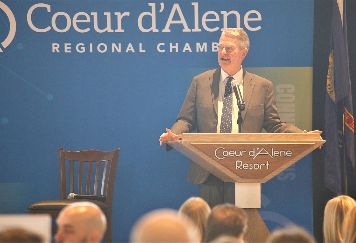 Gov. Brad Little speaks before the Coeur d'Alene Regional Chamber at the Hagadone Event Center on Tuesday.