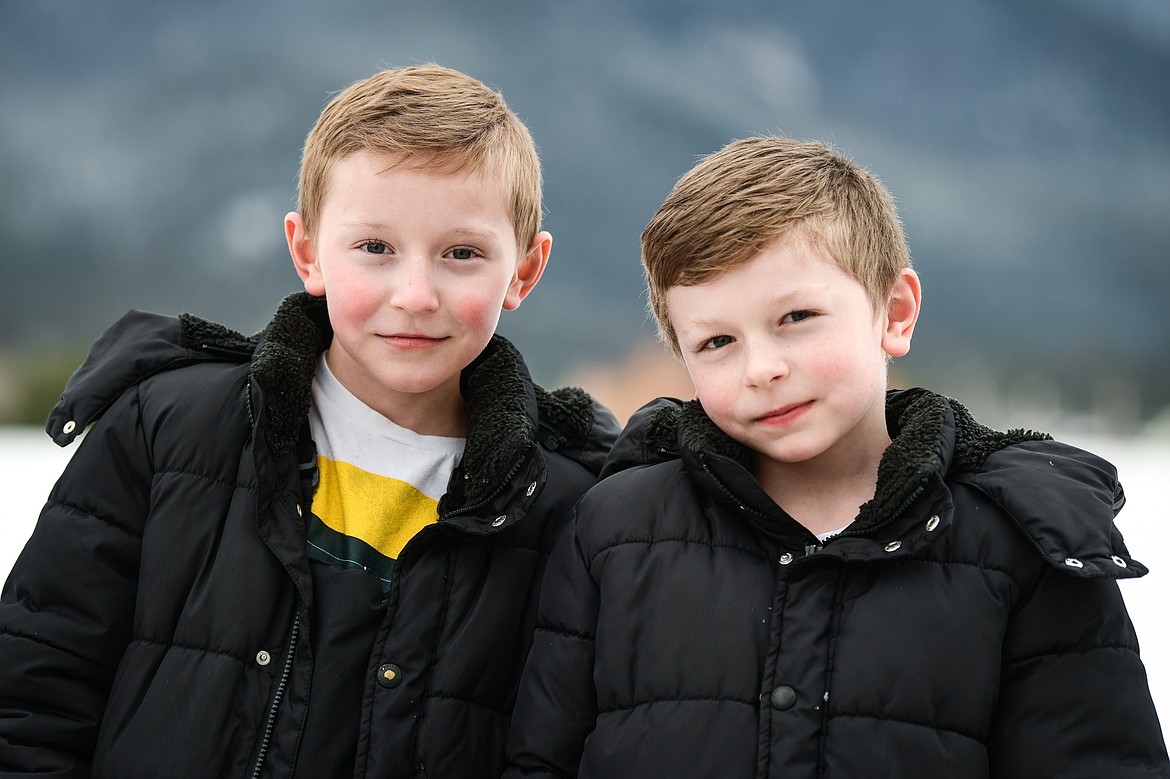 Third-grade twins Jack and Jason Jessop, one of eight sets of twins enrolled at Cayuse Prairie School on Tuesday, Jan. 24. (Casey Kreider/Daily Inter Lake)
