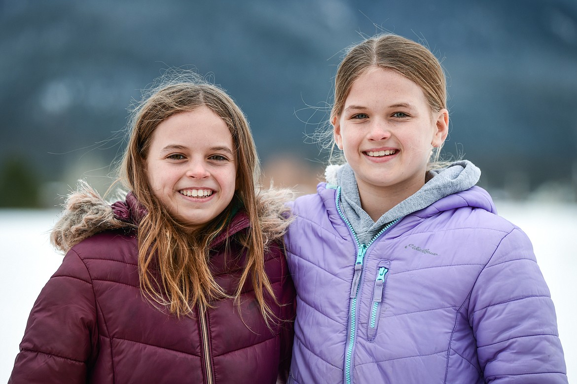 Fifth-grade twins Ingrid and Annika Scott, one of eight sets of twins enrolled at Cayuse Prairie School on Tuesday, Jan. 24. (Casey Kreider/Daily Inter Lake)