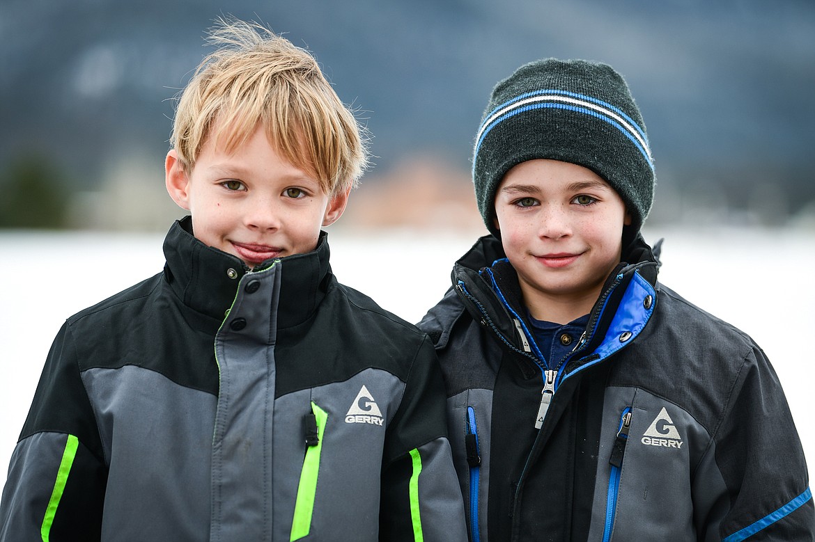 Third-grade twins Ethan and Rylan Harmon, one of eight sets of twins enrolled at Cayuse Prairie School on Tuesday, Jan. 24. (Casey Kreider/Daily Inter Lake)