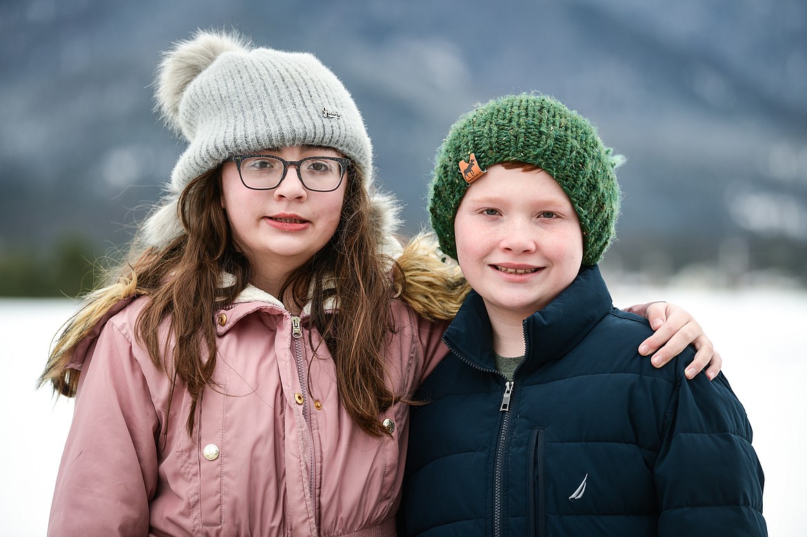 Fourth-grade twins Lily and Jack Ringhofer, one of eight sets of twins enrolled at Cayuse Prairie School on Tuesday, Jan. 24. (Casey Kreider/Daily Inter Lake)