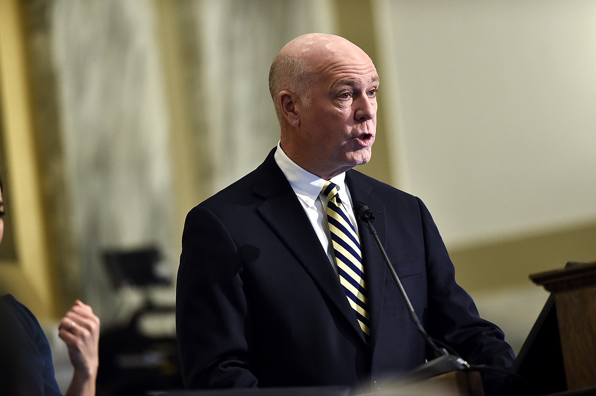 Gov. Greg Gianforte delivers his State of the State address to a joint session of the Montana Senate and House of Representatives on Wednesday, Jan. 25, 2023, in the Montana State Capitol, in Helena, Mont. (Thom Bridge/Independent Record via AP)