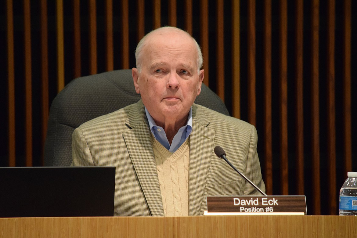Moses Lake City Council Member David Eck at Tuesday’s regular meeting. Eck categorized a plan to adjust the city's water plans as "premature and extreme" during the meeting. The issue was tabled in a 5-2 vote by the council.
