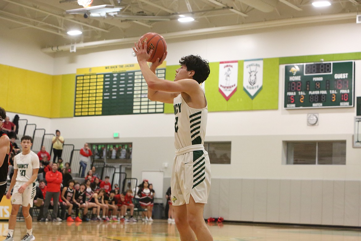 To help the Jackrabbits pull away and win their second-straight Caribou Trail League title, Quincy junior Dominic Trevino connected on back-to-back three-pointers to push the fourth-quarter lead to 14 points.