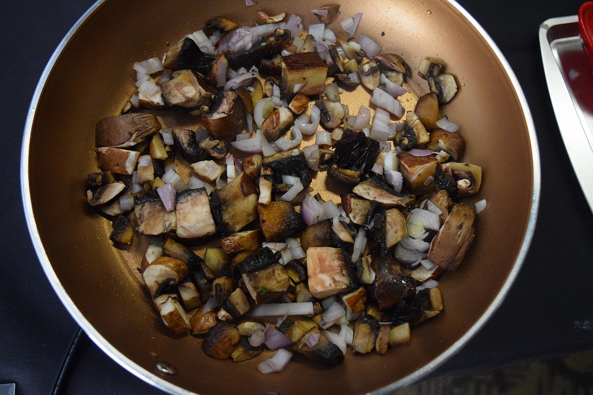 Mushrooms browning properly in a skillet. Gnocchi go well with savory sauces, like those made from mushrooms.
