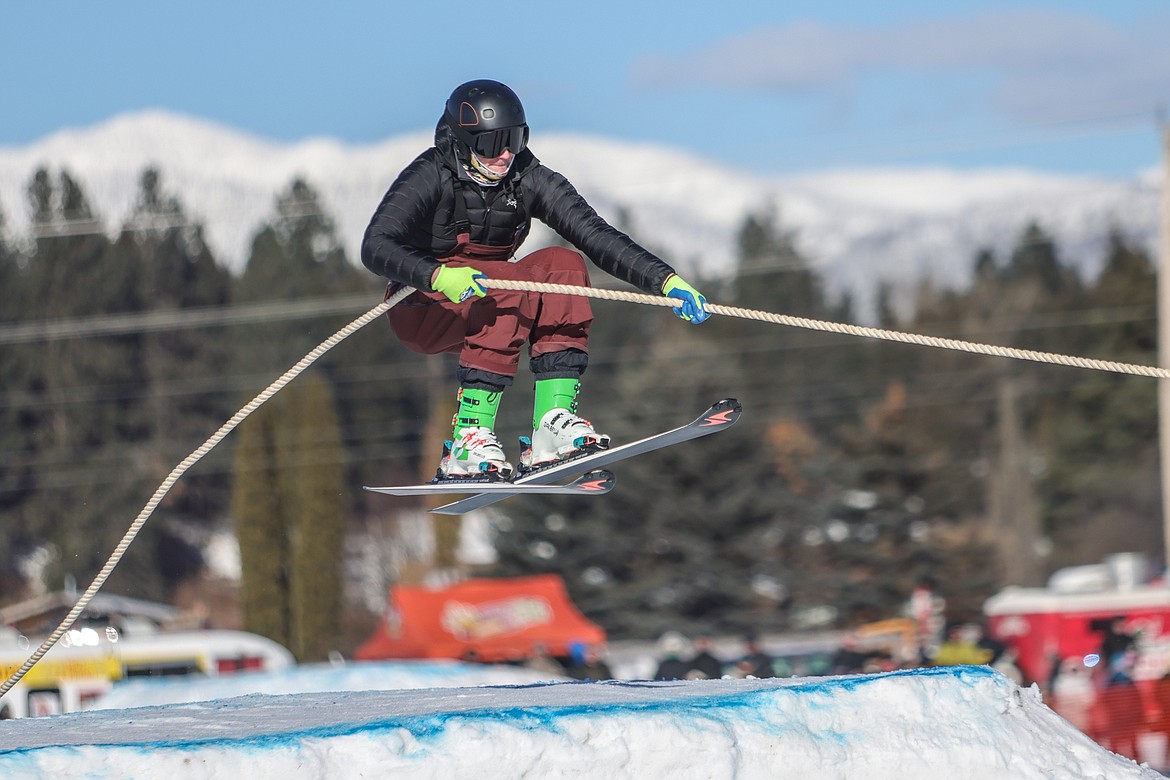 A skier launches off a jump at the Whitefish Skijoring competition on Saturday, Jan. 28 in Columbia Falls. The action continues Sunday from noon to 4 p.m., with an awards ceremony following at the Blue Moon. (JP Edge/Hungry Horse News)