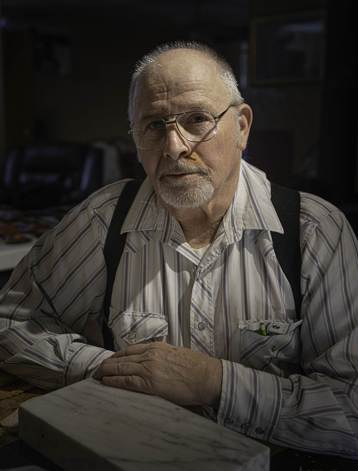 A portrait of Plains leatherworker Dave Wonder. (Tracy Scott/Valley Press)