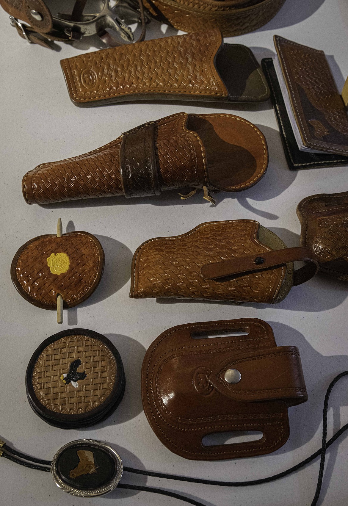 Leatherwork from Plains resident Dave Wonder. (Tracy Scott/Valley Press)