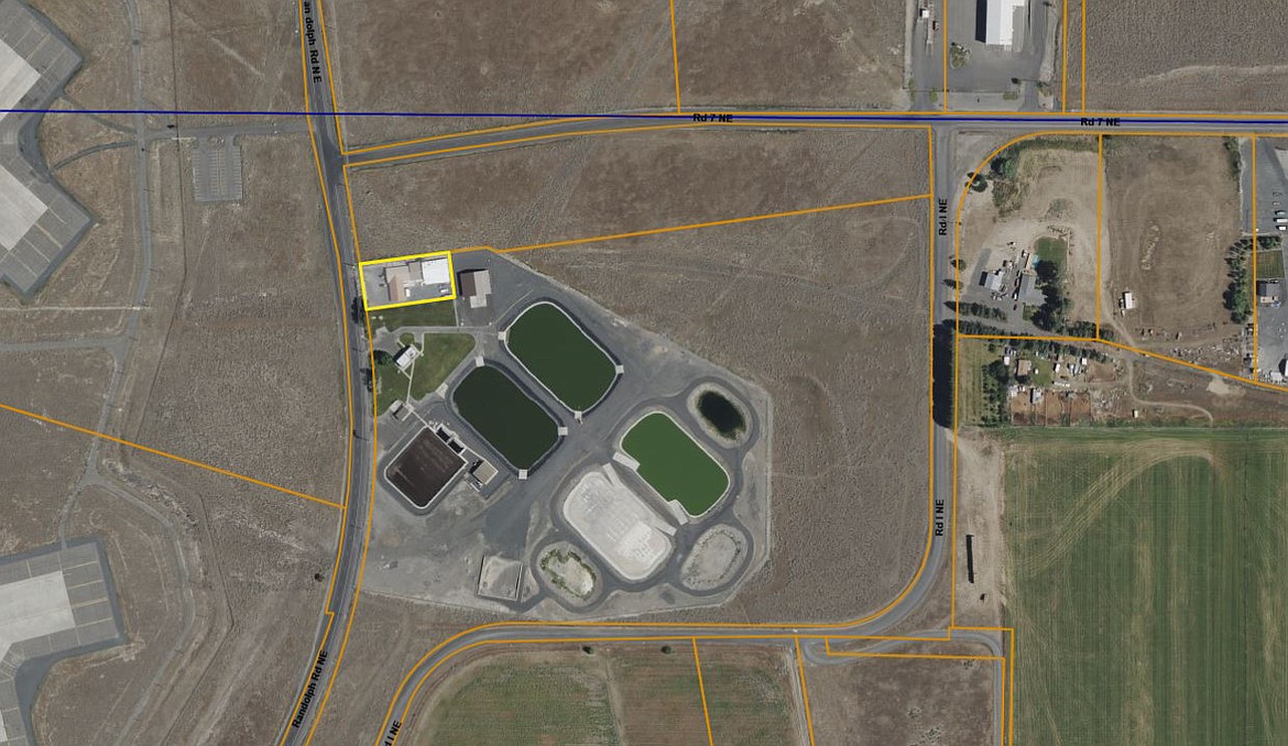 A satellite view of the Grant County Animal Outreach facility, with the shelter’s lot outlined in yellow. GCAO has its own land about a quarter-mile away that it can’t use for expansion, for environmental reasons.