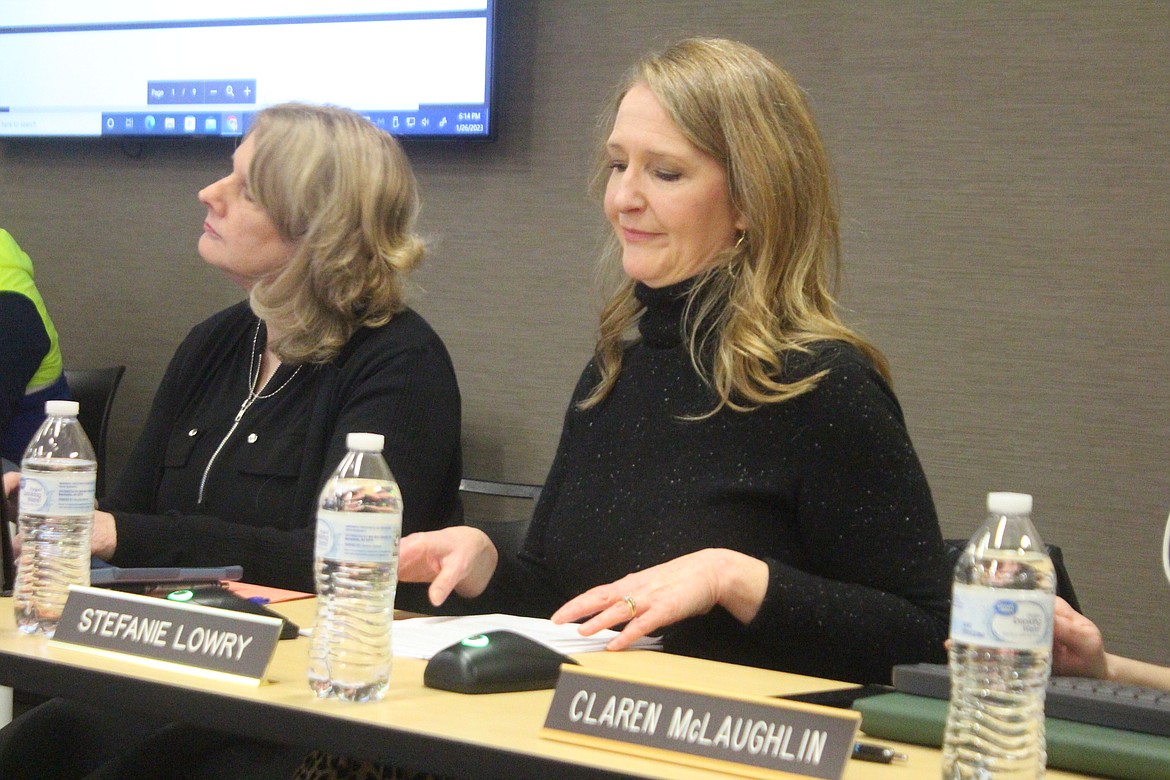 Moses Lake School District Director of Finance Stefanie Lowry, right, delivers an update on the district’s 2022-23 budget during the Moses Lake School Board meeting Thursday.