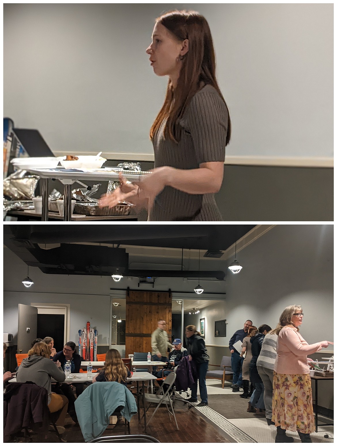 TOP: The University of Idaho Extension, Mental Health Program Coordinator, Talje Hoene, speaks to the crowd about where other communities have allocated the funds given.
BOTTOM: The crowd of community members gathered to have a conversation about the mental health, of the Silver Valley, later creating an action plan.