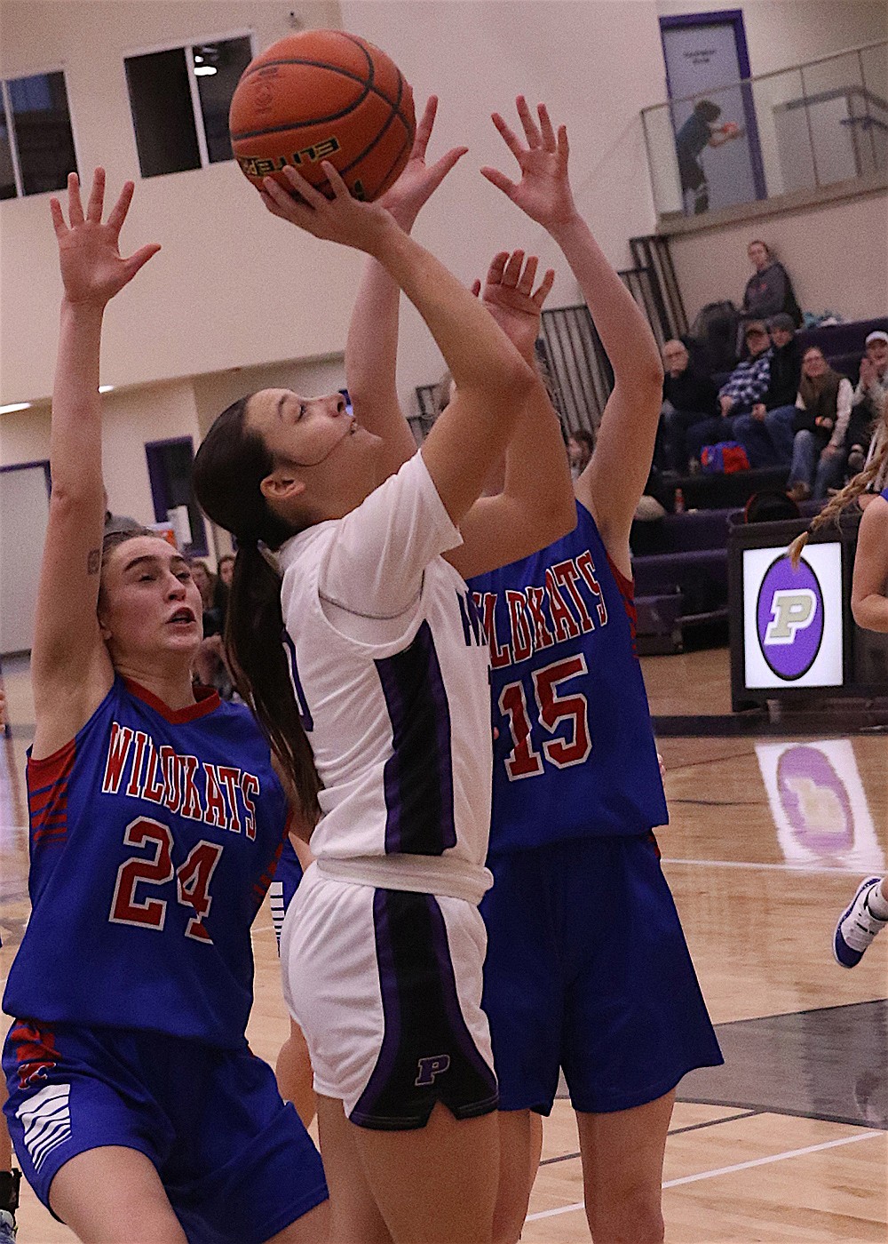 Lady Pirate Sam Rensvold goes for two against the Wild Kats during Saturday's home game. (Bob Gunderson photo)