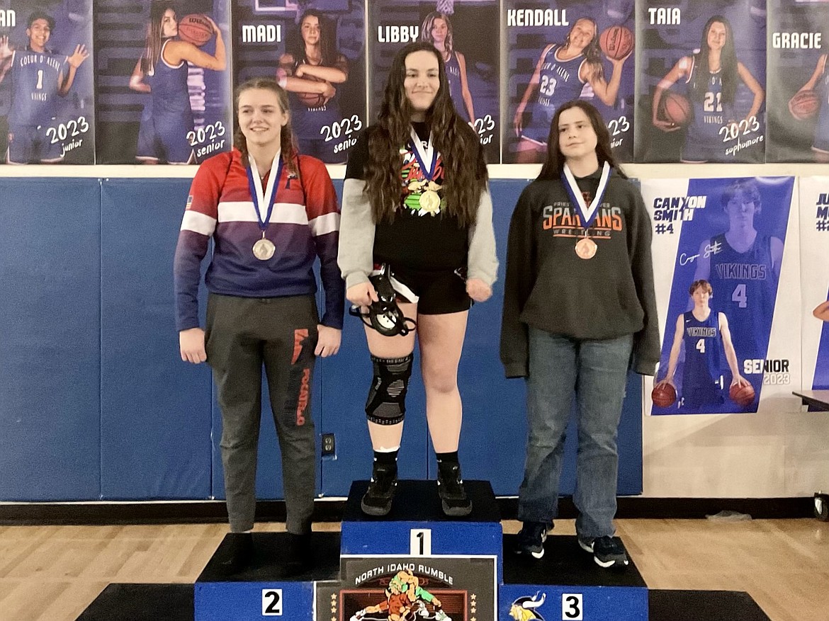 Sylvia Becker on the podium after taking the win in the 165lbs weight class for the Bulldogs at the North Idaho Rumble over the weekend.