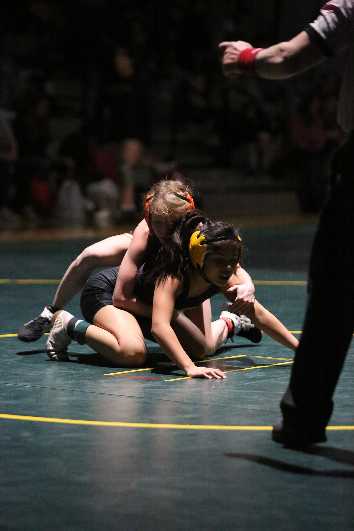 Moses Lake freshman Elyssa Armendariz, bottom, finished second in the 100-pound weight class at the Bring Home Da Beef tournament.