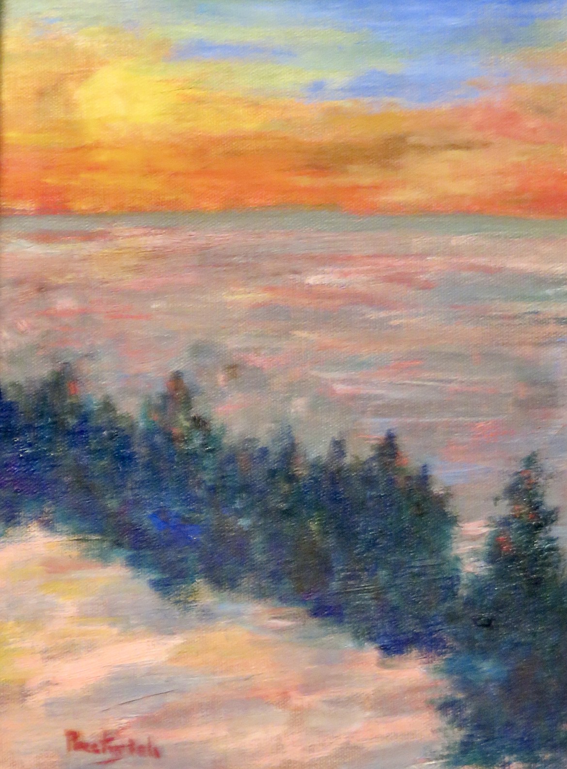 An impressionist sunset scene by Ronald Prestwhich in the “Mad About Mountains & Aspens” exhibition at the Phillips Studio & Gallery on display Feb. 3 through Feb. 25. (Photo courtesy of Phillips Studio & Gallery).