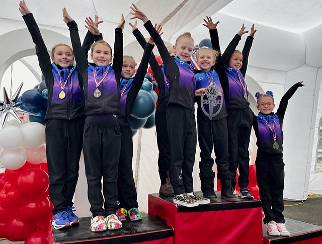 Courtesy photo
The GEMS Athletic Center gymnastics bronze team took first place team at the Free to Flip meet in Moses Lake on Jan. 20-21. From left are Annie Hall, Racine Dudley, Riley Krebs, Skylar Bingham, Olivia Smith, Annabeth Gambrino, Ellie Batchelder and Faith Robertson.