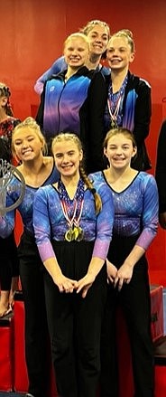 Courtesy photo
The GEMS Athletic Center gymnastics platinum team took first place team at the Free to Flip meet in Moses Lake on Jan. 20-21. In the front row from left are 
Riley Walton, Evyn Lyon and Kylie Burg; and back row from left, Izzy McCaslin, Keana Pettyjohn and Evelyn Oswell.