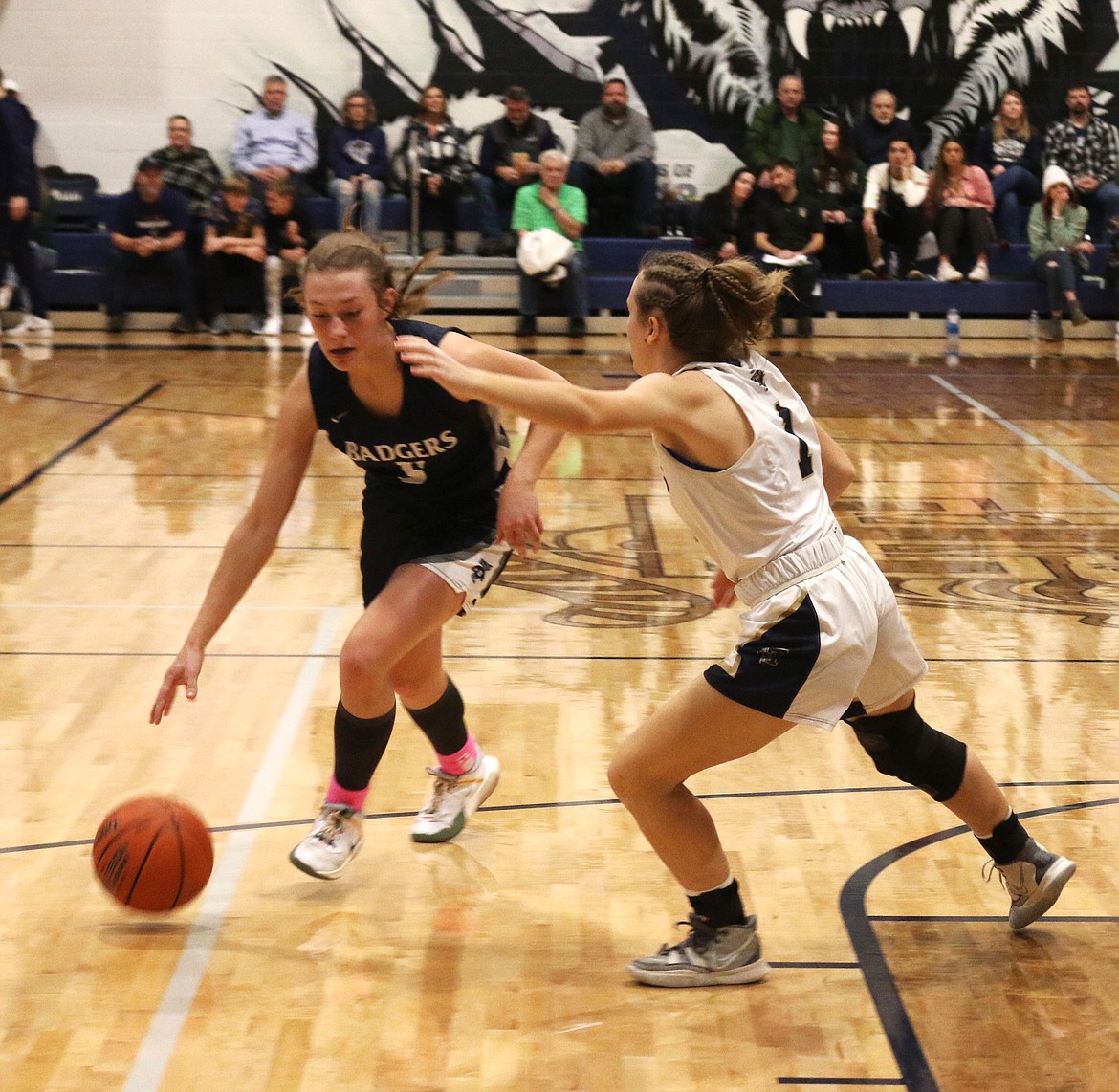 Rylee Kimball drives to the hoop against the Timberlake Tigers on Jan. 27 at the Backwoods Brawl.