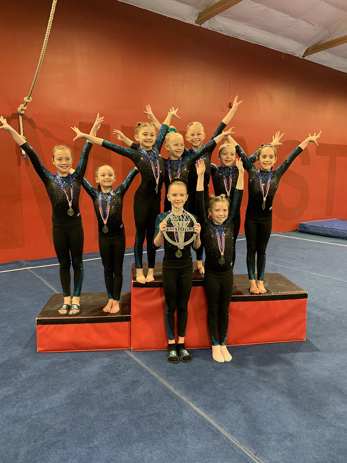 Courtesy photo
Technique Gymnastics Level 3s won 1st Place Team at the Free To Flip meet in Moses Lake. In the front row from left are Keeley Howard and Stella Casey; and back row from left, Bella Nivison, Carina Dowiak, Brooklyn Adams, Brylee Mello, Katelynn Montandon, Avalee Wargi and Larkin Tamagni.