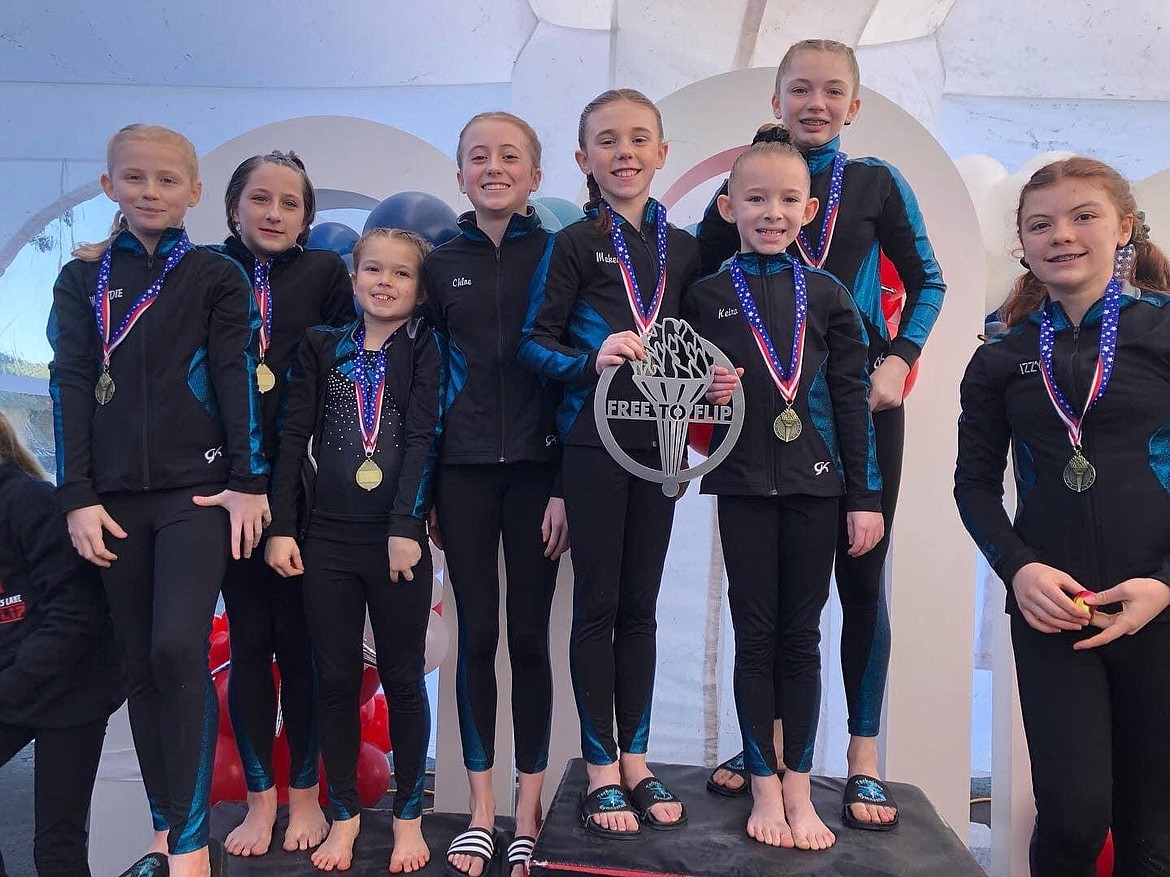 Courtesy photo
Technique Gymnastics Level 4s won 1st Place Team at the Free To Flip meet in Moses Lake. From left are Madison Morris, Taylynn Lee, Novalee Brock, Chloe Bligh, Makenna Scholten, Keira Williams, Mallory Secord and Israel McLaughlin.