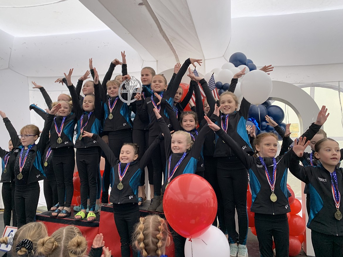 Courtesy photo
Technique Gymnastics Xcel Bronzes won 2nd Place Team at the Free To Flip meet in Moses Lake. In the front row from left are Hadley Black Eagle-Seres and Emary Tommerup; and back row from left, Olive Buttars, Aurora Cook, Rylin Carver, Addyson Swanson, Emberly McRae, Allienna Morton, Charlotte Wilson, Khloe Perkl, Sage Moyer, Rowyn Black Eagle-Seres, Adalynn Guyette, Apollonia Bell, Kylie Anderson, Ragon McCracken, Keara Doyle, Laruen Happeny and Venice Crawford. Not pictured are Camille Kingsley, Kennedy Zimmerman, Clara Stoffer and Avery Dougherty.