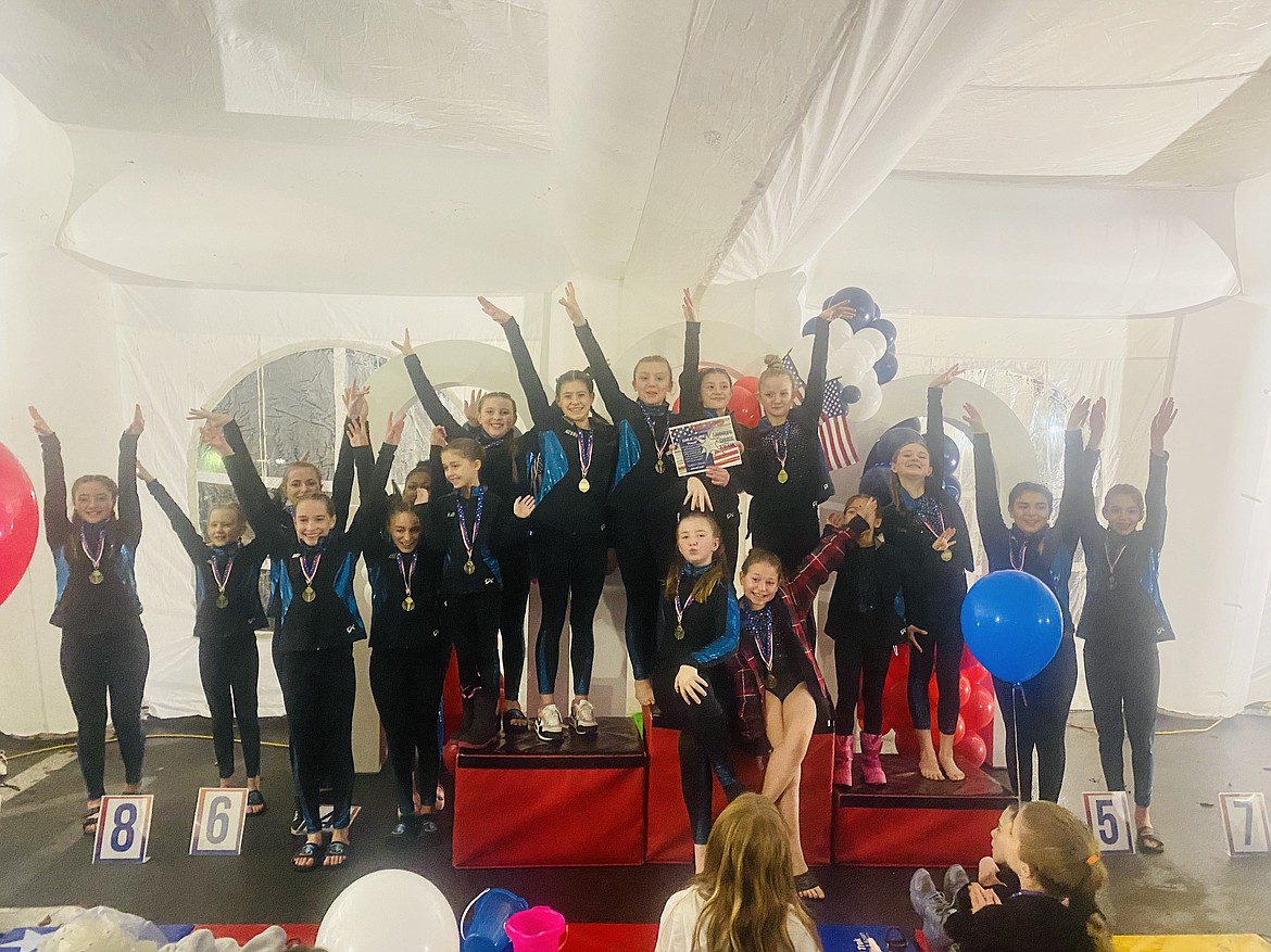 Courtesy photo
Technique Gymnastics Xcel Silvers won 2nd Place Team at the Free To Flip meet in Moses Lake. In the front from left are Sierra Martin and Avery Ackerman; and back row from left, Keira Eckstein, Jocelynn Howard, Aurora Saris, Emma Heinz, Lacey Liden, Jameila Brown, Kelli Dorsey, Kenley Kuebler, Aubrey Drake, Kelby Lively, Addi Wilcox, Stella Brooks, Reese Bligh, Kelby Lively and Leisha Rose Woodman.