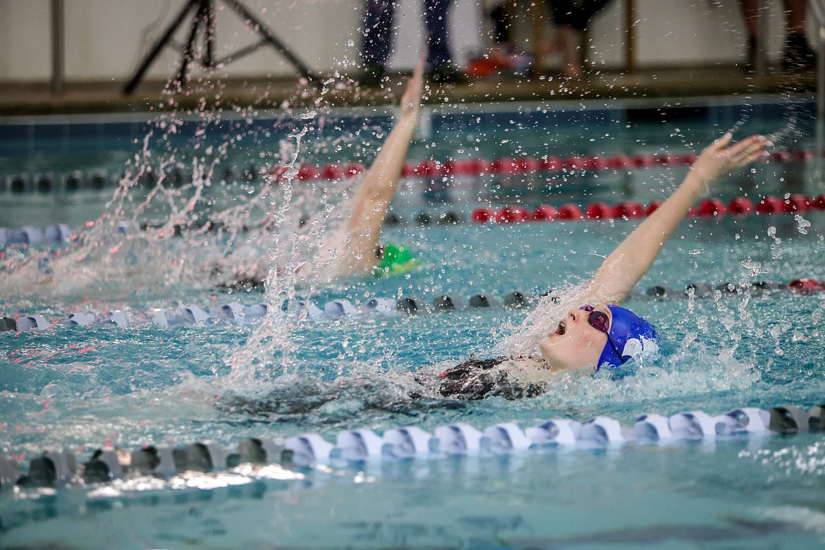 Senior Kaylee King competes in the girls 200 relay medley at the Wave in Whitefish on Friday. (JP Edge photo)