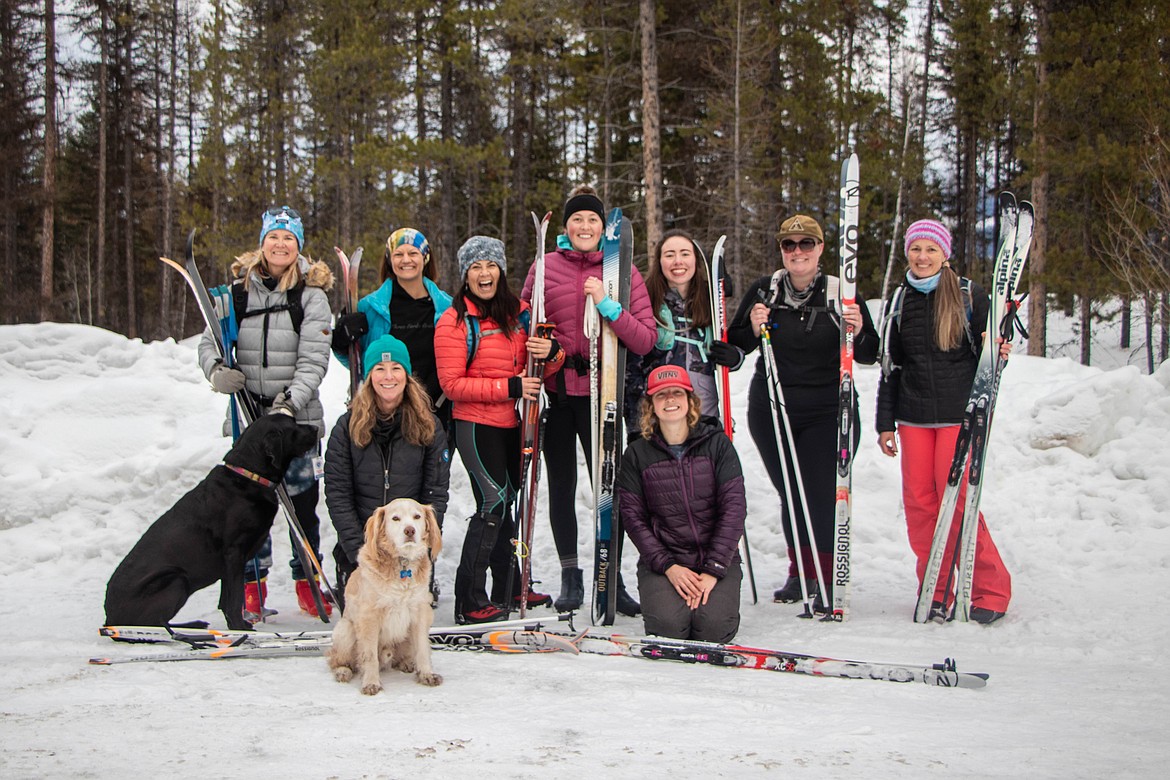 Women who cross country skied on Jan. 25, 2023 with Outsiety pose for a photo at the Round Meadow Trailhead. (Kate Heston/Daily Inter Lake)