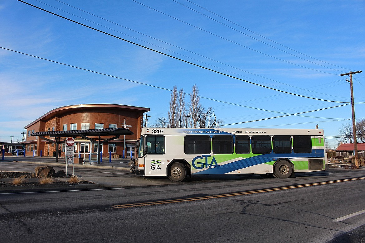 A Grant Transit Authority bus stops to pick up passengers at the GTA Moses Lake facility in 2018. GTA is hosting meetings this month to ask for the community’s feedback on the service it provides.