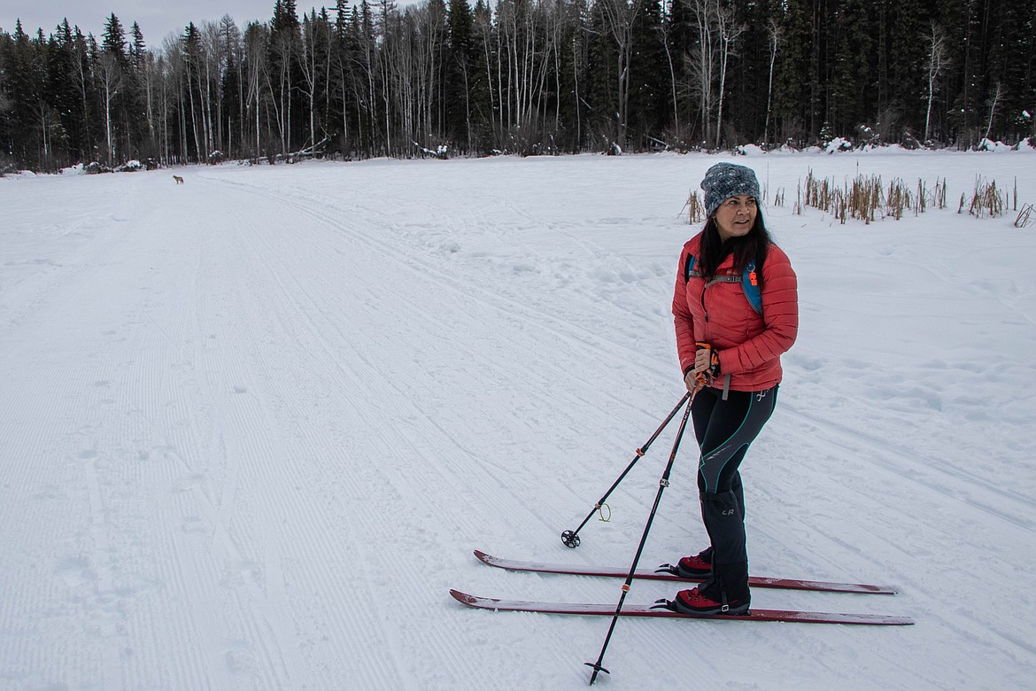 Laurie McCargar is seen cross country skiing on Jan. 25, 2023 for an Ousiety event at Round Meadows Trail. (Kate Heston/Daily Inter Lake)