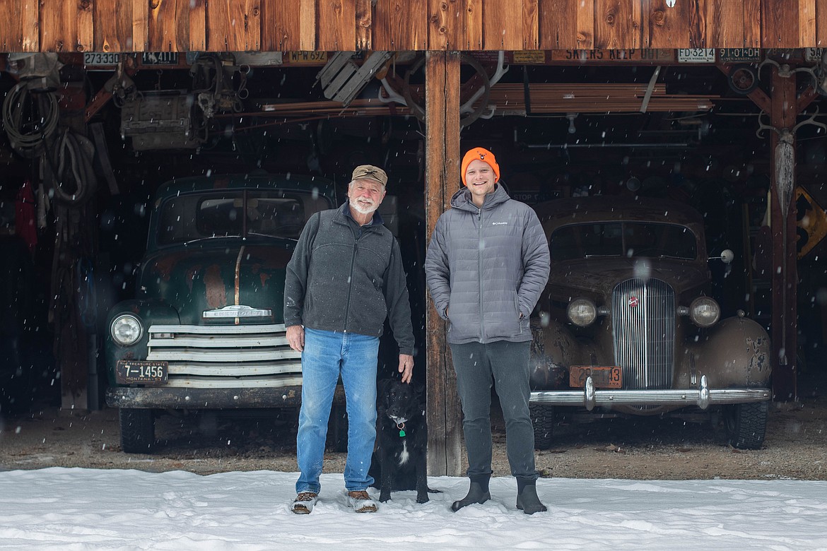 Pat Nissen, left, and his son Jake pose for a portrait on their property on Feb. 1, 2023. (Kate Heston/Daily Inter Lake)