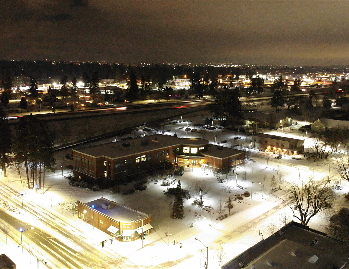 Post Falls City Hall is seen from above on a winter night. The Post Falls Planning and Zoning Commission unanimously voted to bring to the Post Falls City Council a recommendation to increase the city's impact fees. A workshop is set for Tuesday with a public hearing set for Feb. 21.