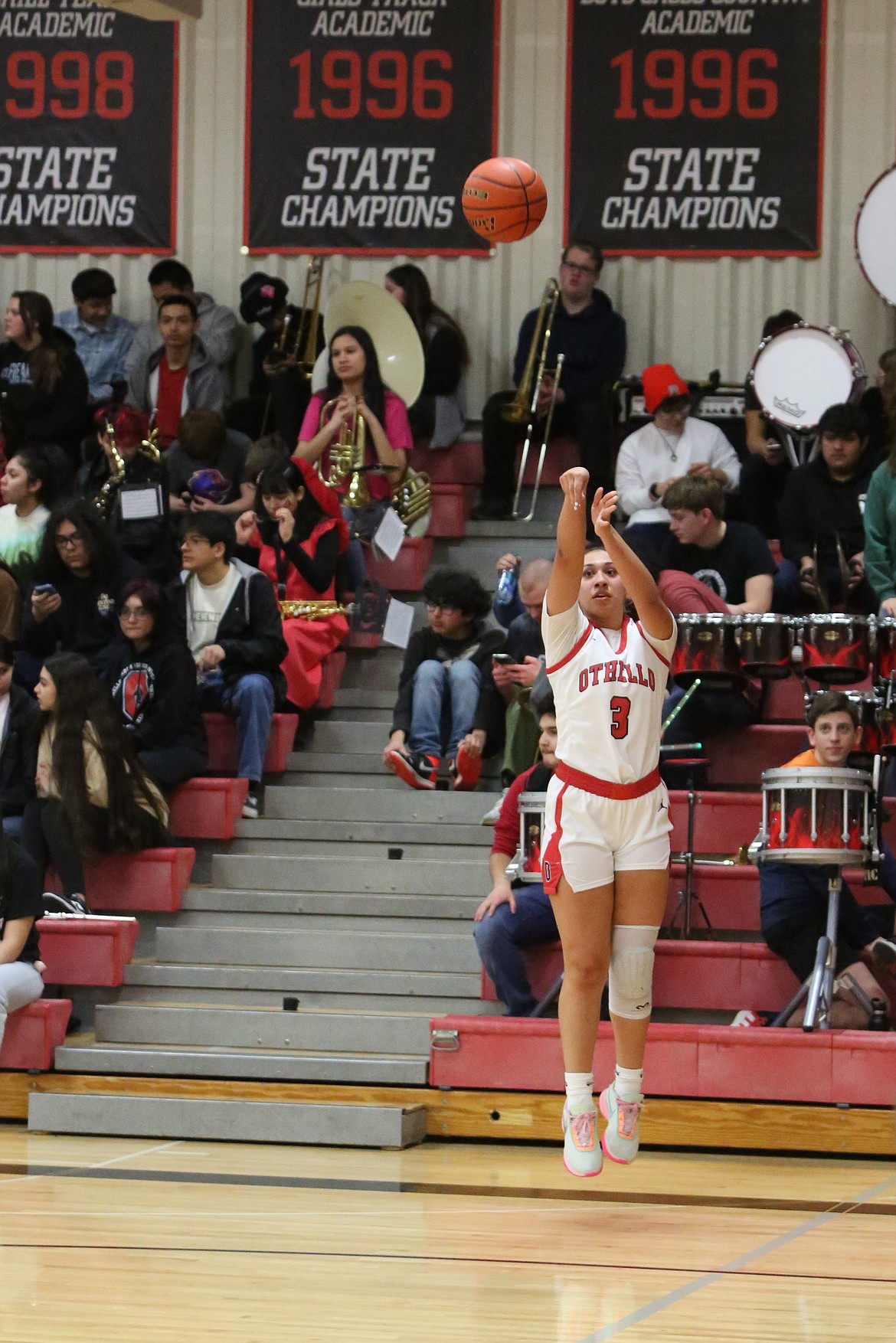 Othello senior Briana Andrade (3) lines up a shot from three in the second quarter against East Valley (Yakima). Andrade’s shot was good, giving her 1,000 career points.