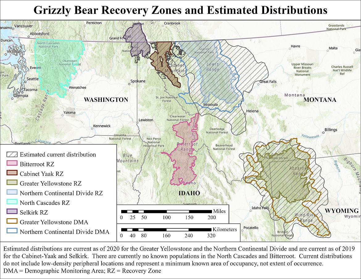 Map showing grizzly bear recovery zones and estimated distributions. (USFWS graphic)