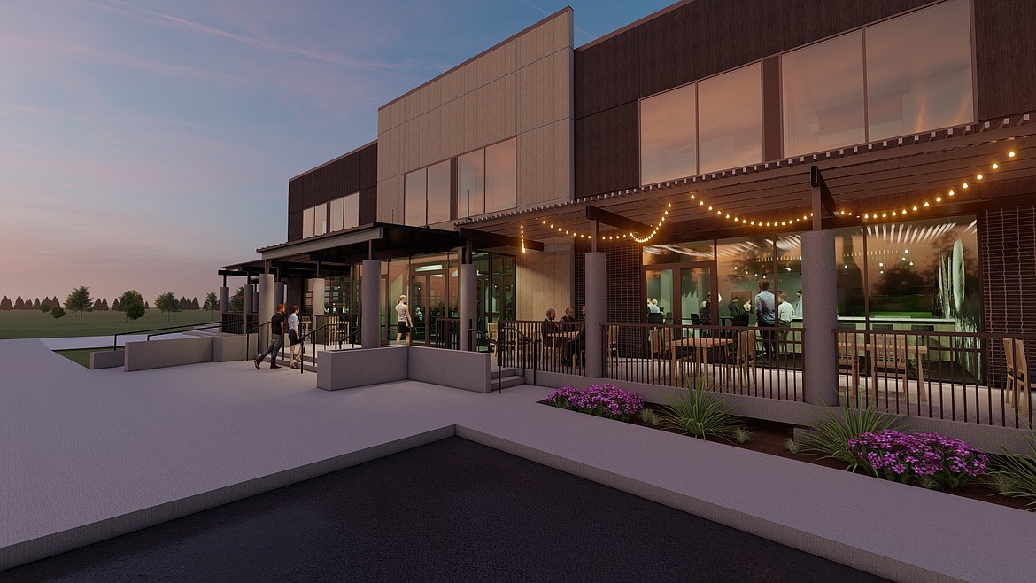 The new Prairie Falls Golf Club facility in Post Falls, pictured in this rendering, will include 17 hotel suites, a 5,200 square-foot event center, a full service Iron, Wood and Ice Urban Kitchen and Bar, six simulator bays featuring golf, soccer and football, a club house and full retail pro-shop.