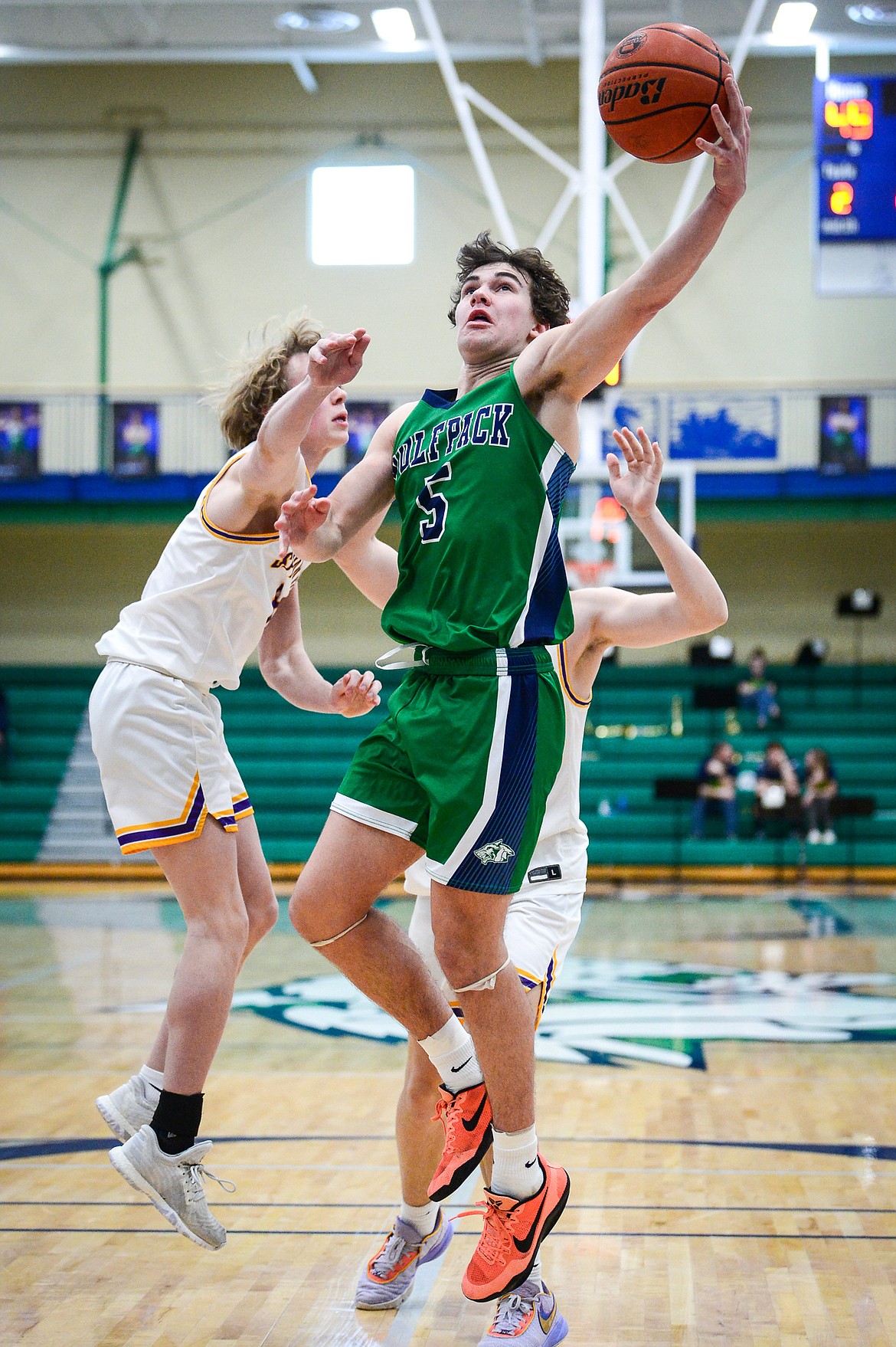 Glacier's Ty Olsen (5) drives to the basket in the third quarter against Missoula Sentinel at Glacier High School on Saturday, Feb. 4. (Casey Kreider/Daily Inter Lake)