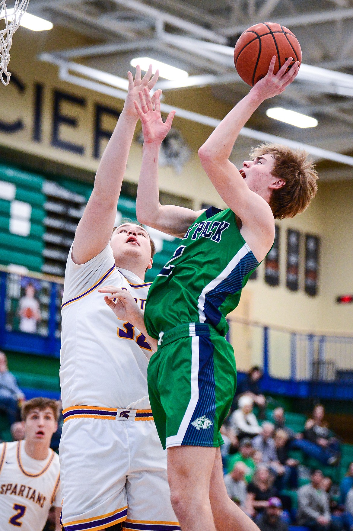 Glacier's Tyler McDonald (2) goes to the basket in the first half against Missoula Sentinel at Glacier High School on Saturday, Feb. 4. (Casey Kreider/Daily Inter Lake)