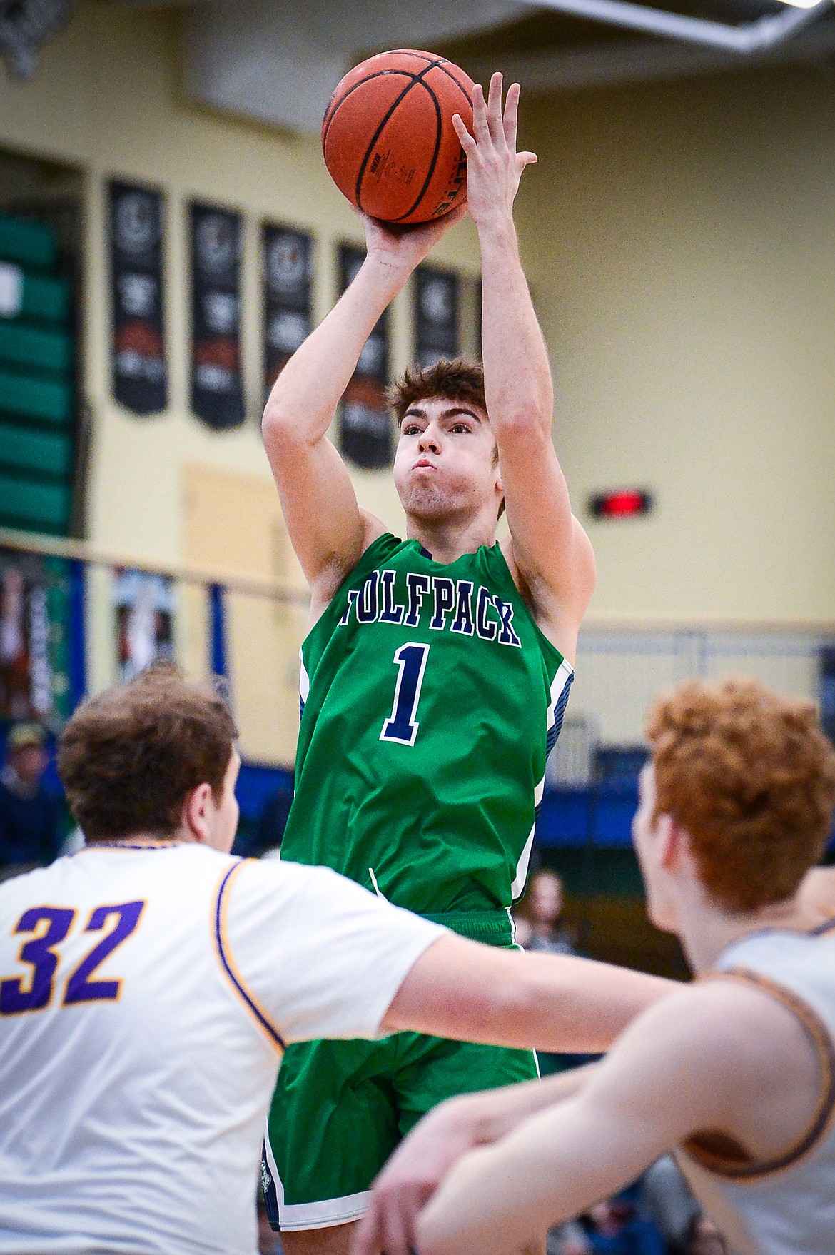 Glacier's Cohen Kastelitz (1) rises up for a jumper in the first half against Missoula Sentinel at Glacier High School on Saturday, Feb. 4. (Casey Kreider/Daily Inter Lake)