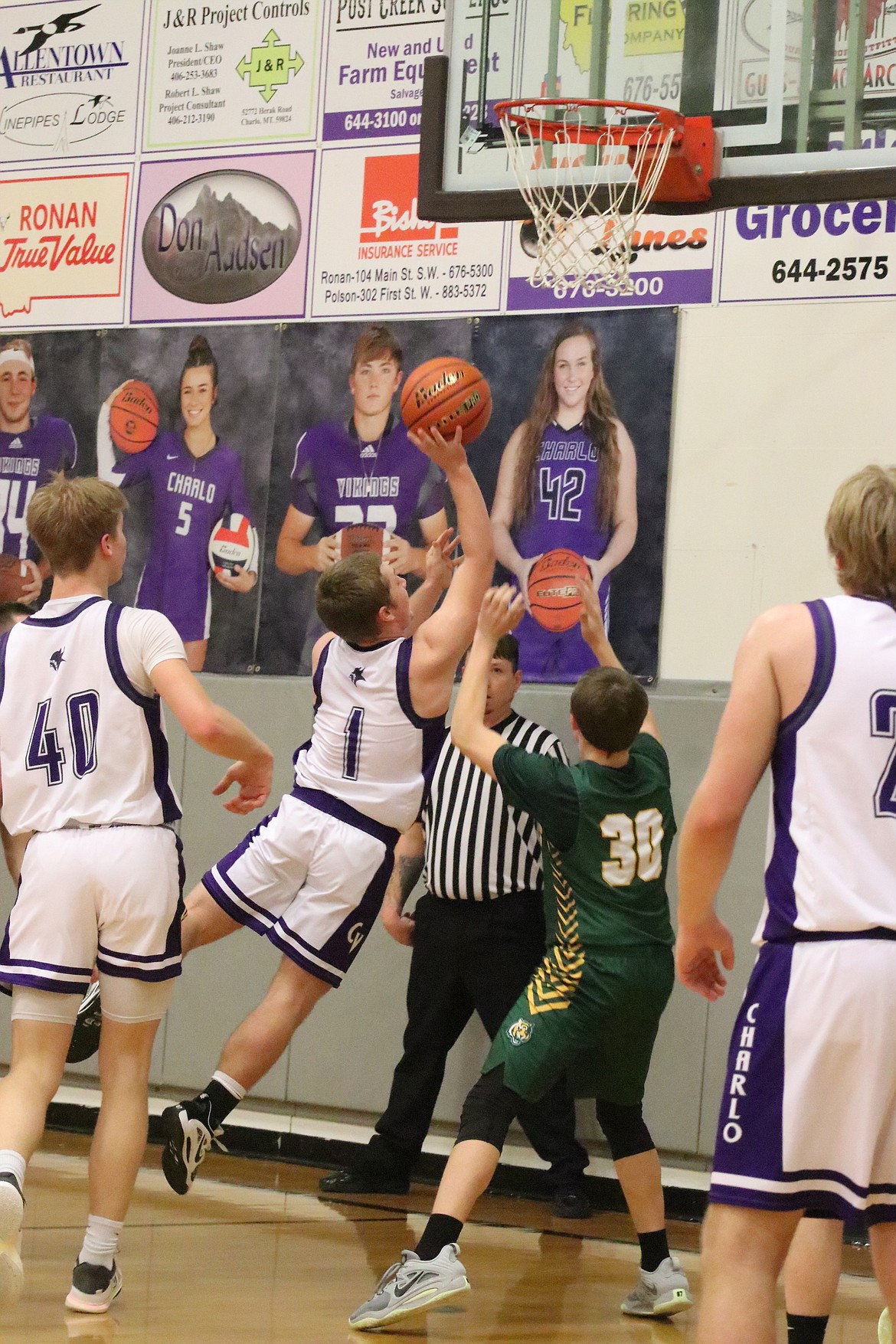 Viking Tucker Love moves in for a lay-up in Saturday's runaway game against St. Regis. (Michelle Sharbono photo)