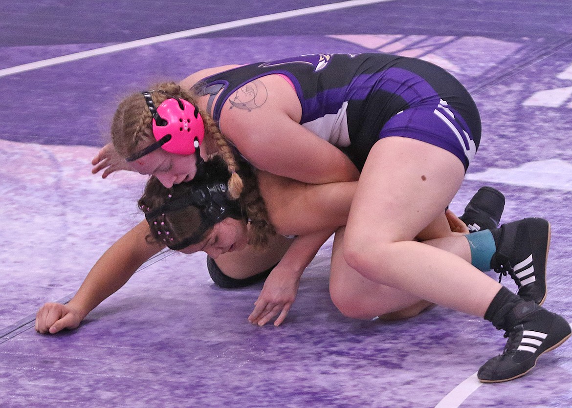 Abigail Sorrell from Polson topped the 152-pound weight class, pinning Leona Dodson Howe from Ronan in 3:28. (Bob Gunderson photo)