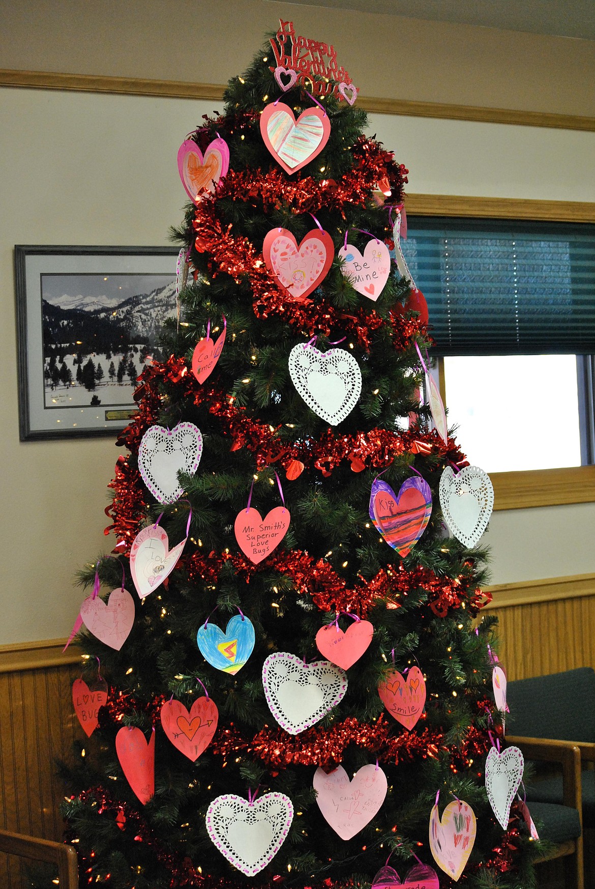 The Valentine's Tree in the TrailWest Bank lobby was strung up with red heart garland and covered with dozens of specially made valentines from the first-grade students at Superior Elementary. (Mineral Independent/Amy Quinlivan