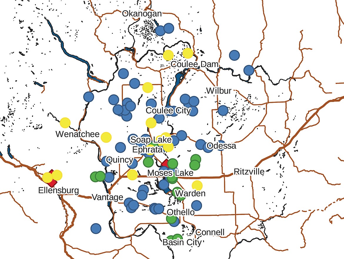 Mark Danielson plotted all the information from 1944 U.S. Army Air Force plane crashes in North Central Washington he could find. His key states that blue markers indicate a P-39 crash, green indicates a P-38 crash, yellow indicates another aircraft as specified in the note and Army Air Force bases or fields are in red.