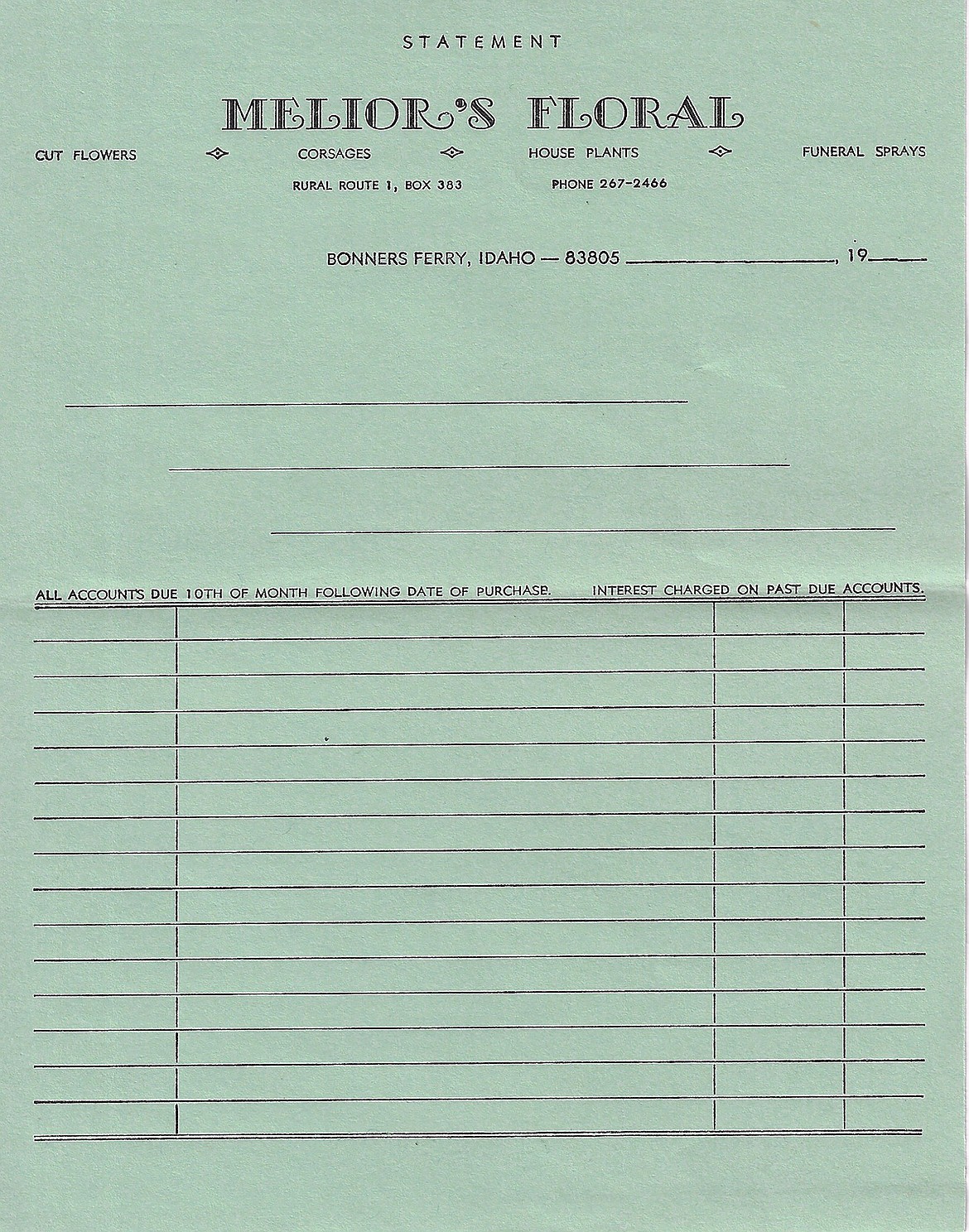 A green statement for Melior's Floral, printed in 1980 by the Bonners Ferry Herald Print Shop.