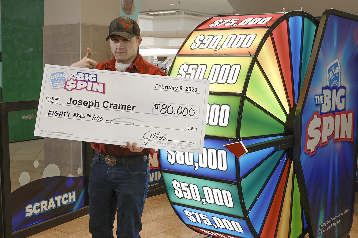 Joe Cramer gives a thumbs up after he won $80,000 on the Big Spin, one of Idaho Lottery's newest and most popular games. Wednesday, the Oldtown man became the third big winner from Bonner County to win big in the game.